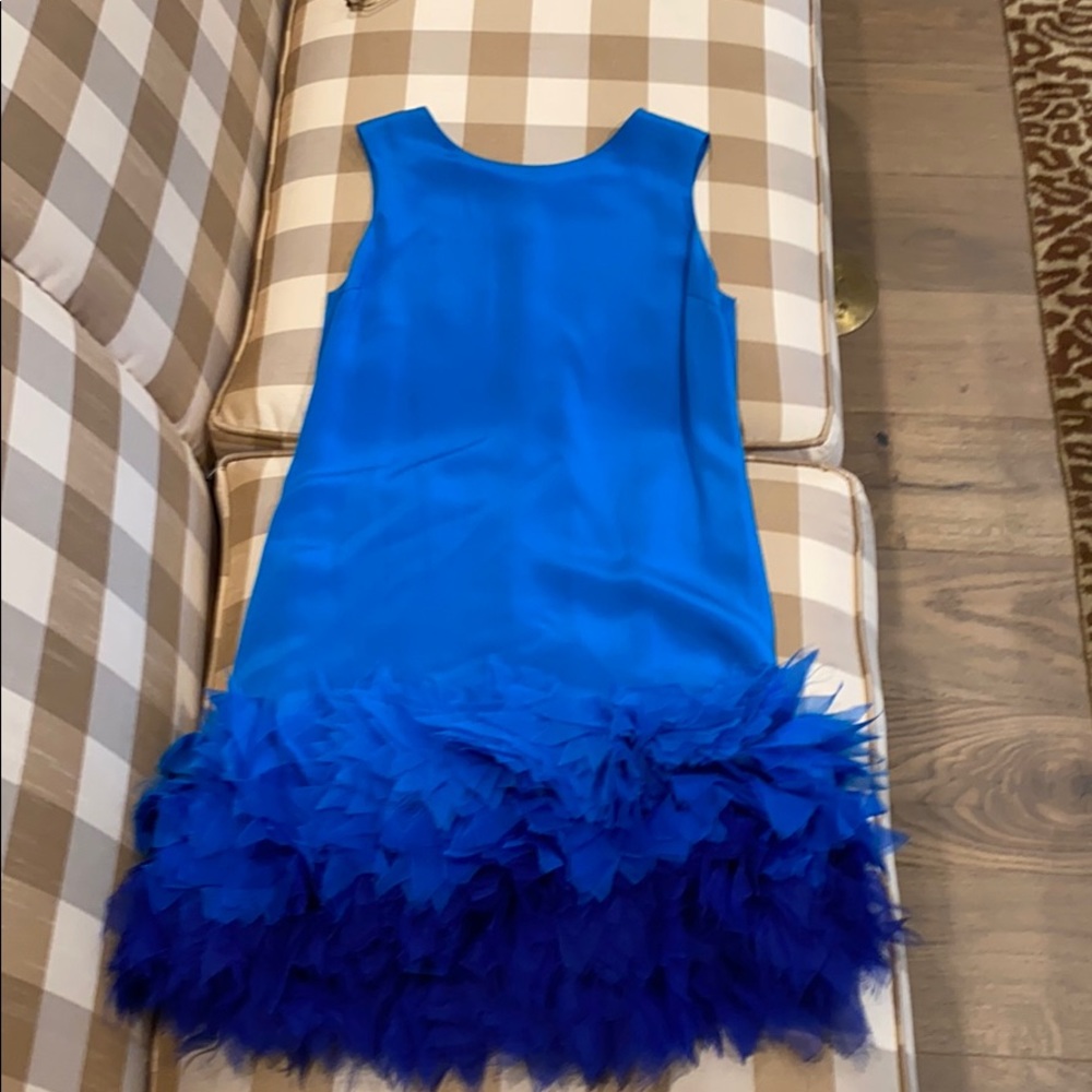 Fabiola Arias blue feather dress